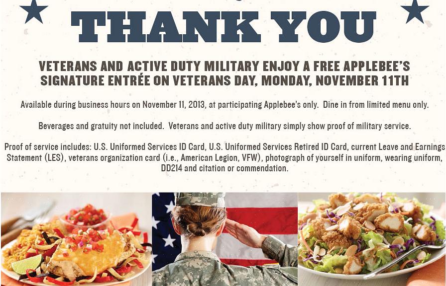אך השנה אצל Applebee מוזמנים רק הוותיקים וחברי הצבא בתפקיד פעיל לקבל את הארוחה בחינם של יום הוותיקים